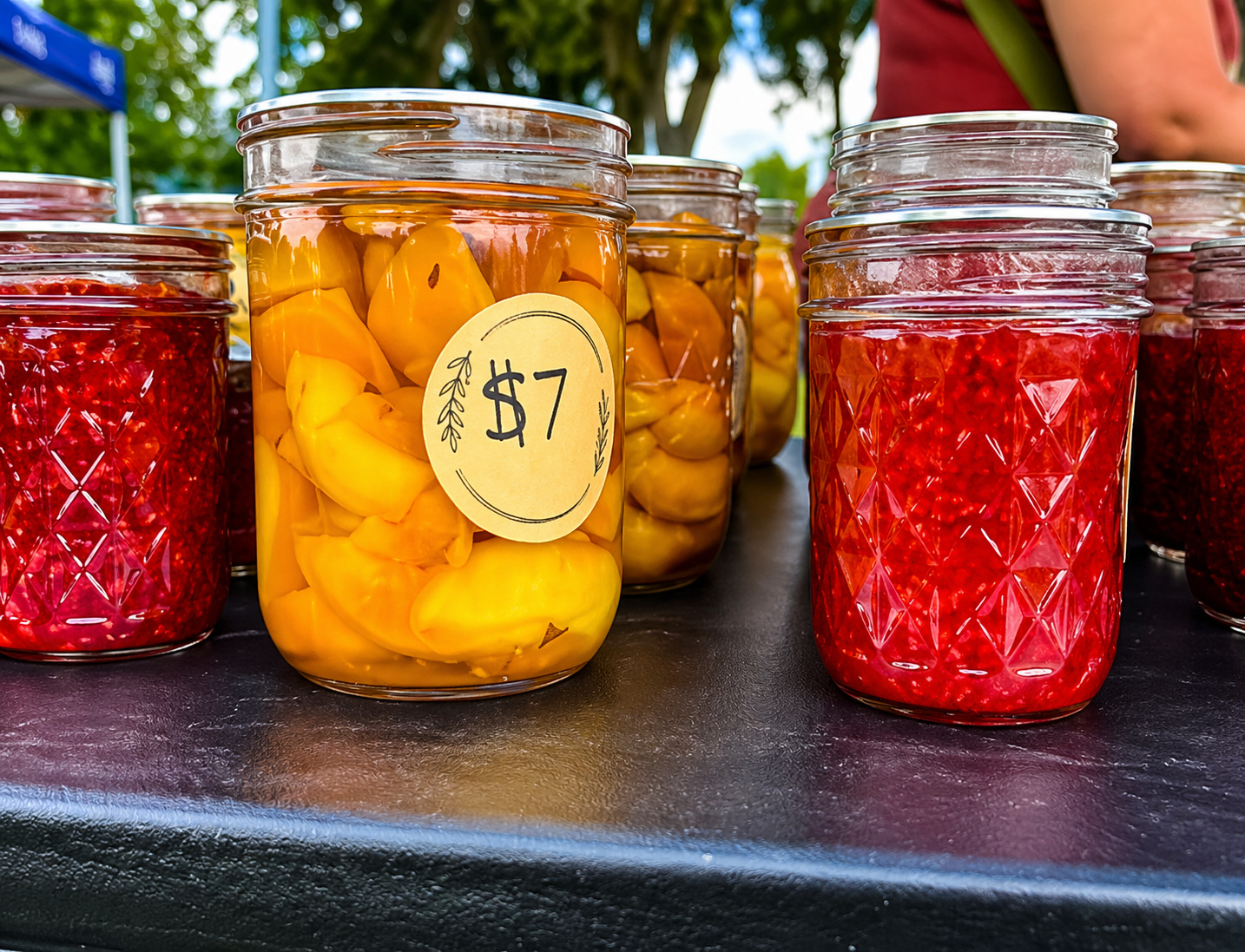 Jars of preserved fruit displayed for sale.